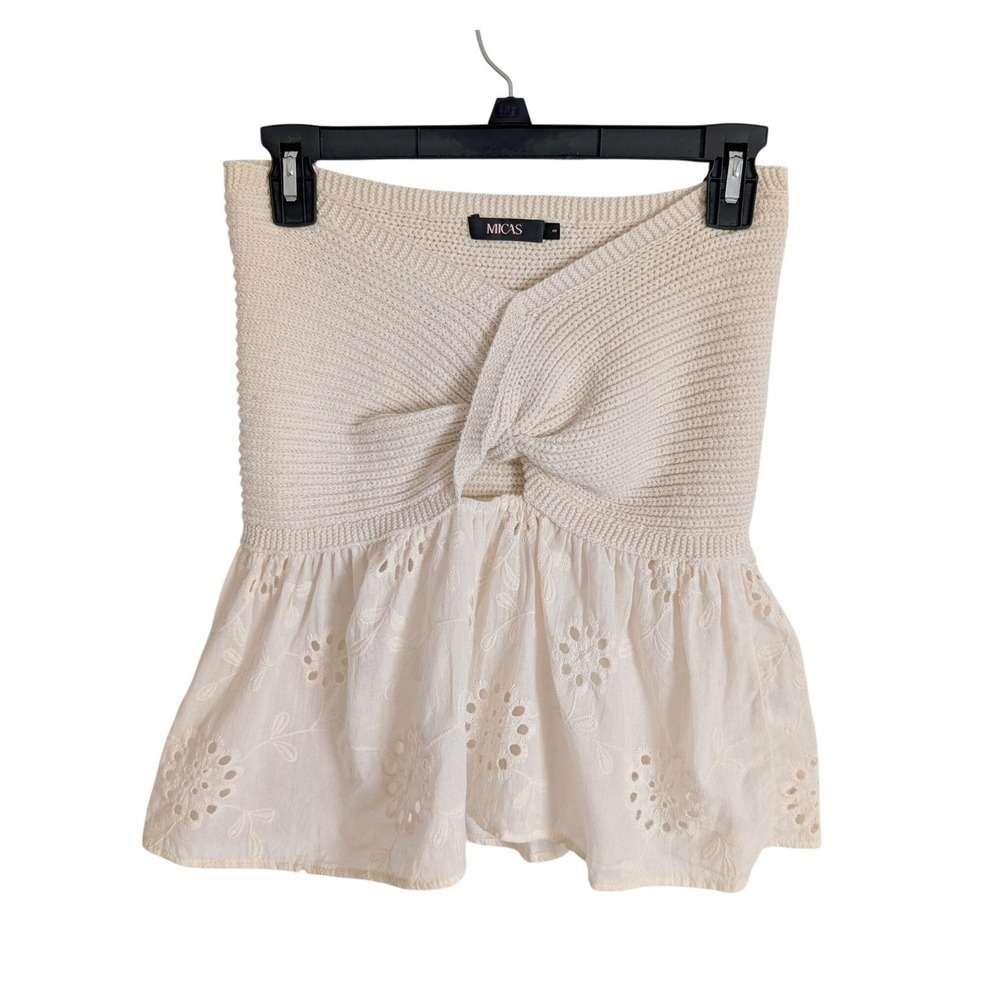 Earthy Whimsy Cottagecore Off White Eyelet Knit Peplum Tube Top